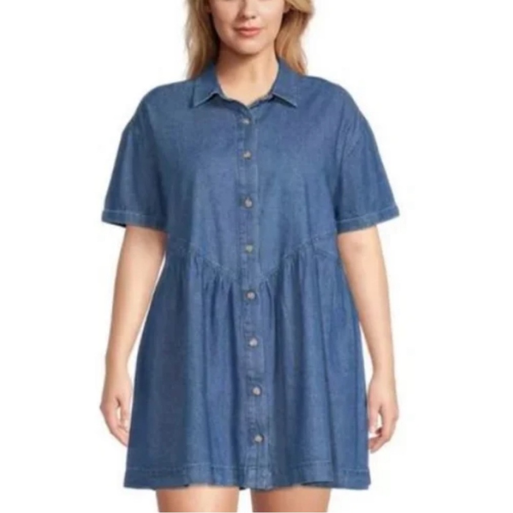 Terra & Sky Women's  0X Blue Denim Babydoll Dress Short Sleeve